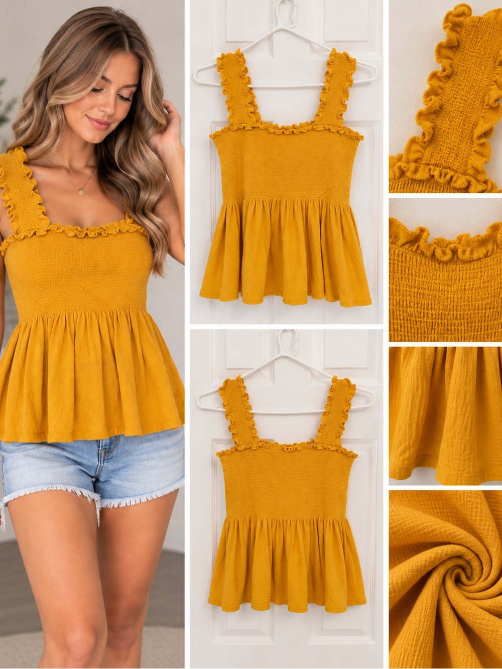 Suzy Shier Mustard Ruffle Smocked Peplum Tank